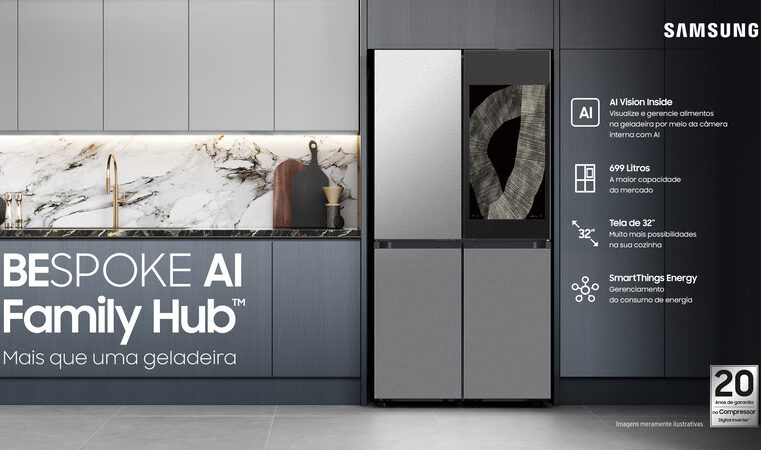 Geladeira Bespoke AI Family Hub da Samsung traz design, sofisticação e inteligência artificial para modernizar a cozinha